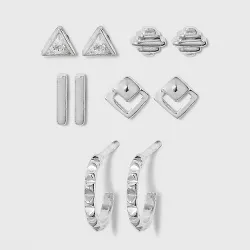 Sterling Silver with Cubic Zirconia Geometric Stud Earring Set 5pc - A New Day™ Silver