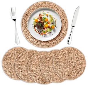 Aoibox Round Woven Placemats Set of 6,Handmade Natural Wicker Placemats for Holiday Wedding Home,Slip Heat Resistant Rattan Chargers for Dinner Plates - 1 of 4