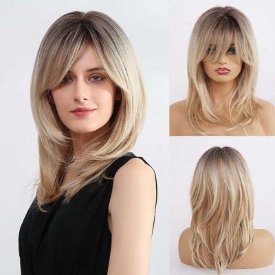 Jessie's Wig 14 Inch Straight With Curtain Bangs Wig Synthetic Wig Ombre Blonde 1 Pc/Pack Blonde 26‘’
