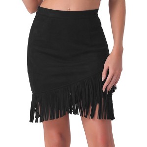 Allegra K Women's Faux Suede Stretch Fringe Trim High Waist Vintage Mini Skirt - 1 of 4