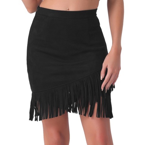 Allegra K Women s Faux Suede Stretch Fringe Trim High Waist Vintage Mini Skirt Black X small Target