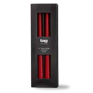 TAG Color Studio 12" Traditional Taper Unscented Smokeless Paraffin Wax Candle Cranberry Set of 4, Burn Time 8 hrs. - 1 of 2