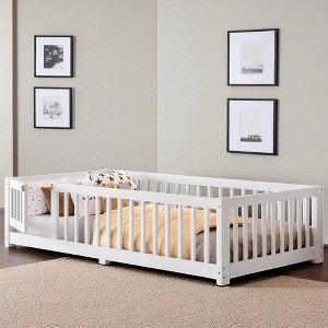 Mshliw Twin/Full/Queen Kids Floor Bed with Safety Guardrails & Door,Montessori Style Wooden Low Profile Platform Bed Frame for Toddlers, Kids Bedroom - 1 of 4