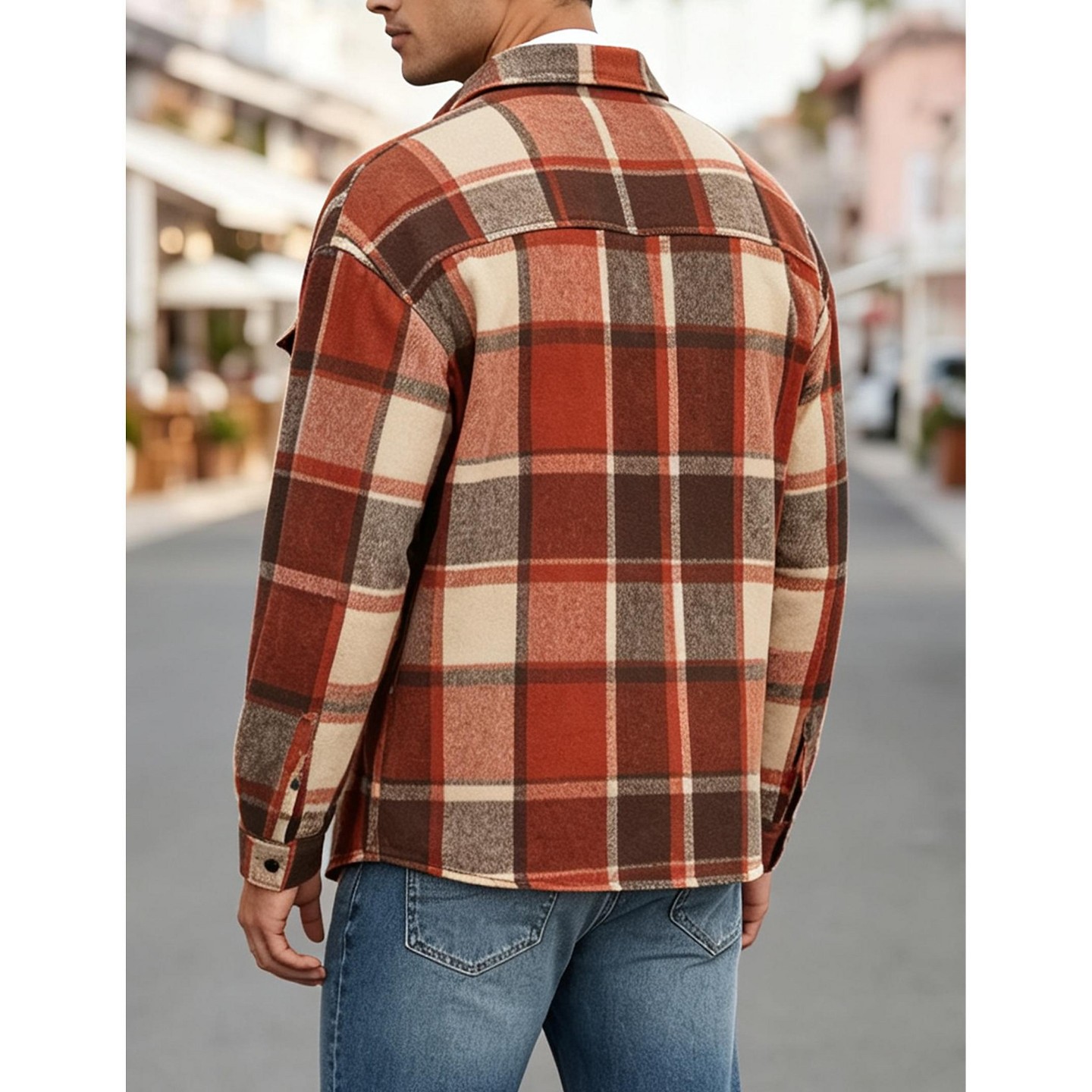 Мужское пальто YesFashion Men Plaid Button Down Shirt Jacket Lapel Collar Long Sleeve Shacket Casual Flap Pockets Overshirt Coat, L, Orange, цвет: Оранжевый — фото 2