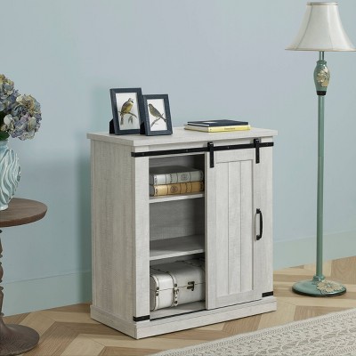 Saw Cut Off-White Compact TV Stand with Barn Door Cabinet