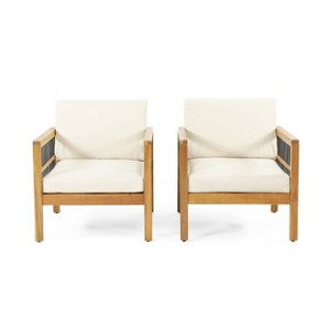 2pk Elias Outdoor Acacia Wood Club Chairs with Cushions Teak/Beige - Christopher Knight Home: Weather-Resistant, UV Protection, Iron Frame - 1 of 4
