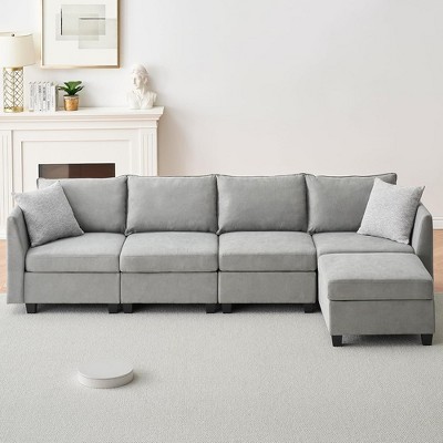 Whizmax Convertible Sectional Sofa Couch, L-Shaped Couch with Reversible Storage Seat & Ottaman, Sectional Sofa for Living Room, Light Grey