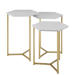 Set of 3 Hex Nesting Tables Faux White Marble / Gold - Saracina Home, White Faux Marble/Gold