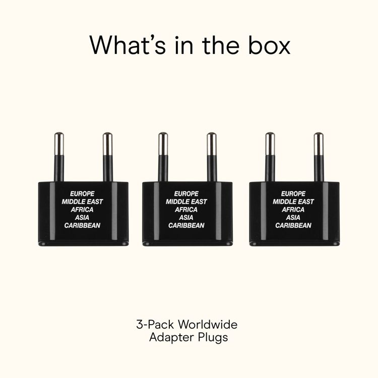 Three black colored adapter plugs labeled for Europe, Middle East, Africa, Asia, and Caribbean, with text "3-Pack Worldwide Adapter Plugs" below.