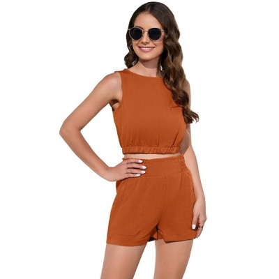 Women's Two Piece Outfits Summer Lounge Sets Sleeveless Round Neck Crop Top Tank Hight Waist Shorts with Pocket