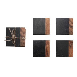 Storied Home Marble and Acacia Wood 2-Tone Coasters, Black and Natural, Set of 4 - 1 of 2