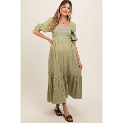 PinkBlush Light Olive Gauze Smocked Embroidered Square Neck Maternity Midi Dress