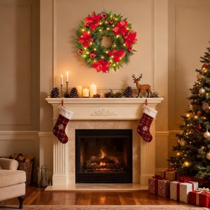 24" Pre-Lit Christmas Wreath with Berries Pinecones Poinsettia Flowers Lighted Artificial Christmas Wreath for Home Indoor Outdoor Decorations - 1 of 4
