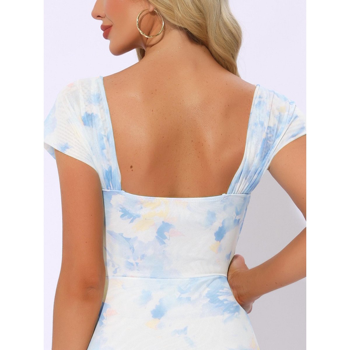 Женские платья INSPIRE CHIC Women's Summer Square Neck Ruched Short Sleeve Midi Dress Light Blue Large — фото 5