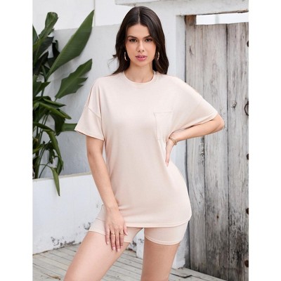 Women Casual Loose Two Piece Loungewear Set with Pockets T-shirt and Shorts Pajamas Set