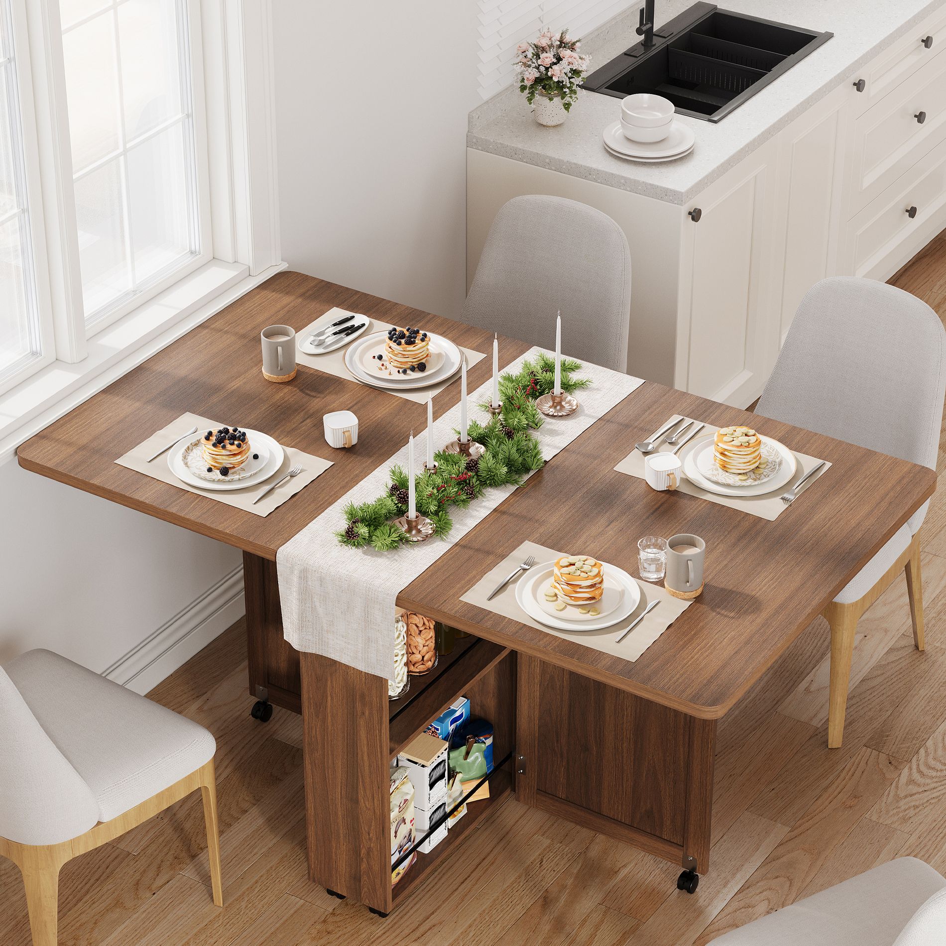 Folding Dining Table with Drawer and Storage, Folding kitchen Table with 6 Wheels, Suitable for Kitchens, Apartments, Small Spaces