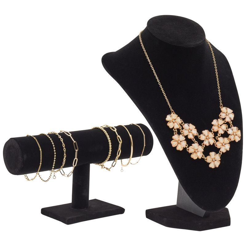 Juvale 2-Piece Black Velvet Jewelry Display Set, T-Bar Stand and Mannequin Bust for Necklaces, Bracelets, Earring Holder, 3 of 9