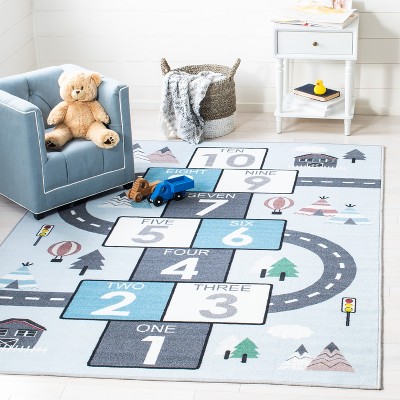 Grey and Blue Kids Hopscotch Play Rug, 39" Square