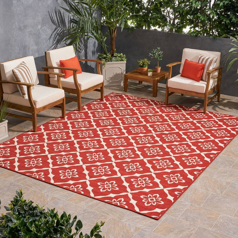 Tallevast Trellis Outdoor Rug Red/Ivory - Christopher Knight Home, 4 of 7