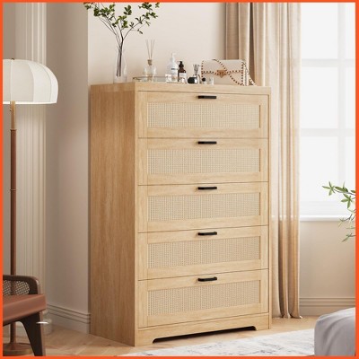 Homhougo Tall Rattan Dresser with 5 Drawers,Wooden Spacious Storage Chest of Drawers with Wide Top,Handles Natural
