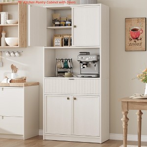 Tall Kitchen Pantry Cabinet, 70" Dining Room Pantry Storage Cabinet with Countertop, Fluted Kitchen Hutch Cabinets w/Doors and Drawer - 1 of 4