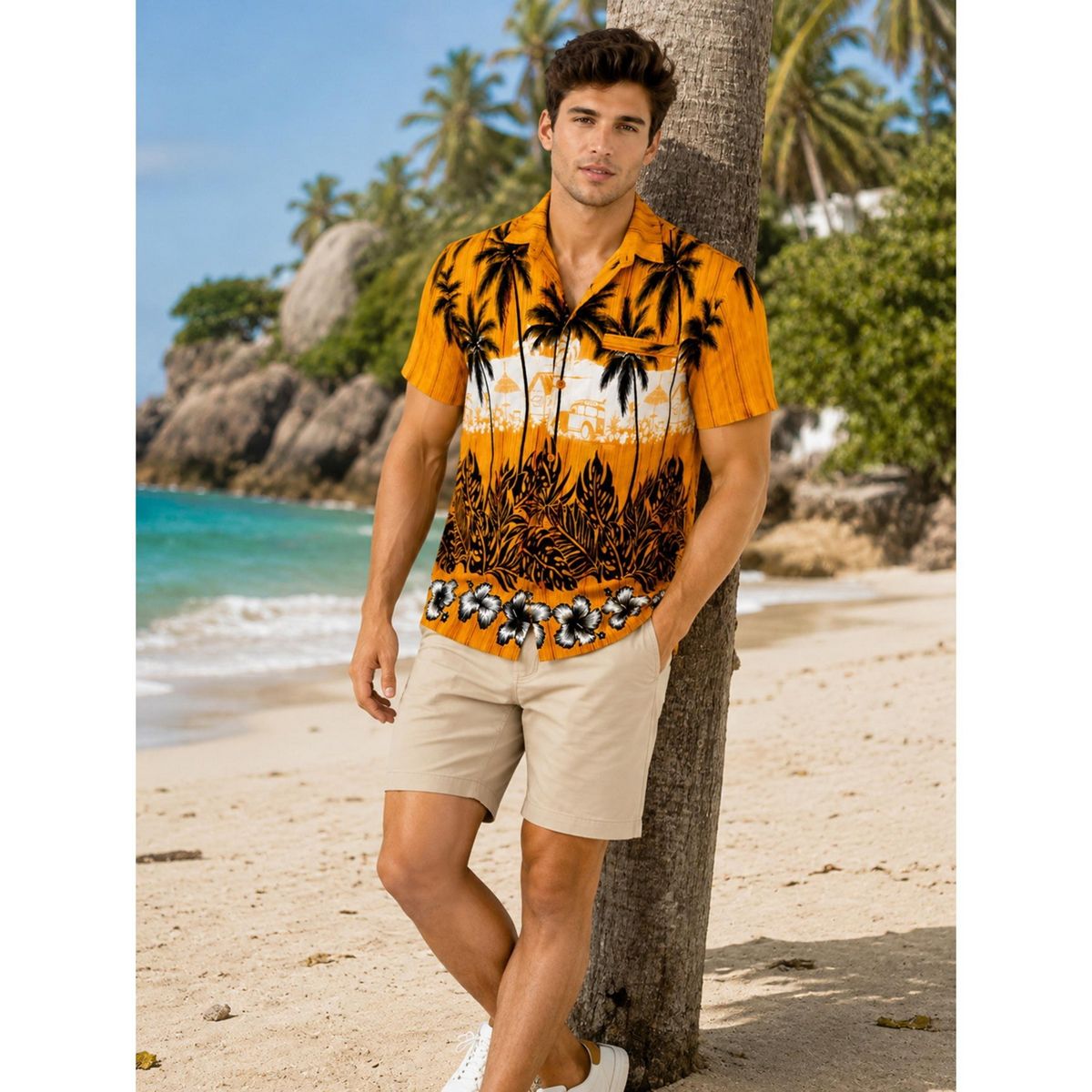 LA LEELA Mens Hawaiian Short Sleeve Button Down Shirt Men's Summer Shirts Casual Beach Vacation Hawaii Island Shirts for Men Funny XXL Gold, Tree - thumbnail 4
