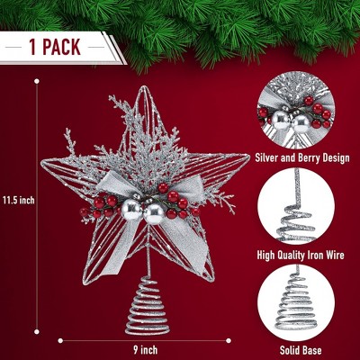 Silver Glitter Metal Star Tree Topper with Red Berries
