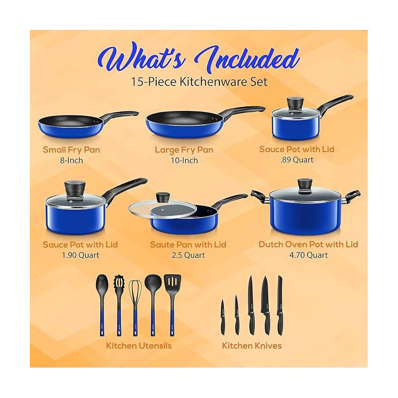 SereneLife 20 Piece Kitchenware Pots & Pans Set – Basic Kitchen Cookware, Black Non-Stick Coating Inside, Heat Resistant Lacquer (Blue), 2 of 8
