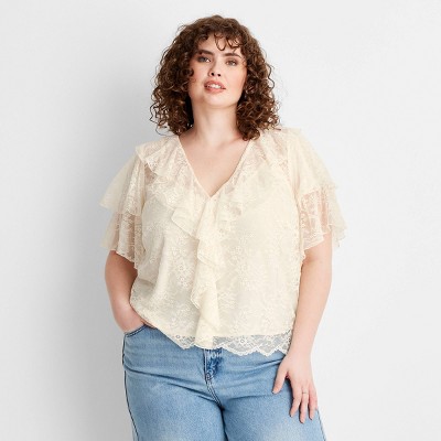 Women's Short Sleeve V-Neck Lace Blouse - Future Collective Cream 1X