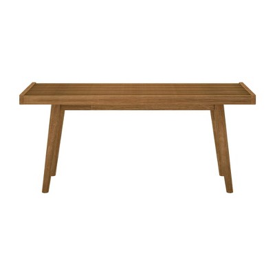 Mid-Century Pecan Solid Wood Entryway Bench with Slatted Design