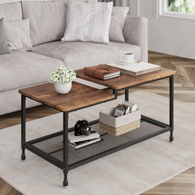Rustic Brown Center Table Industrial Coffee Table 2-Tier Living Room Table with Mesh Shelf