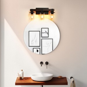 19" Rustic 3-Light Vanity Light, Industrial Bathroom Wall Sconce with Glass Shades and Wood Accent, Modern Farmhouse Lighting Fixture (No Bulbs) - 1 of 4
