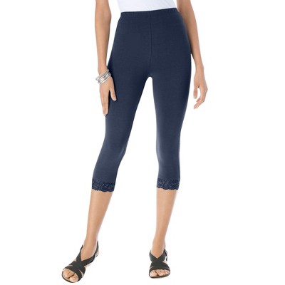 Roaman's Women's Plus Size Lace Trim Essential Stretch Capri Legging