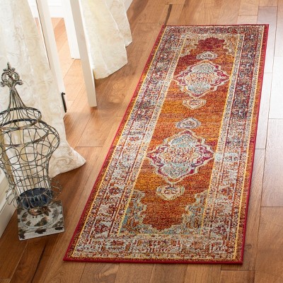 Orange and Light Blue Floral Synthetic Runner Rug