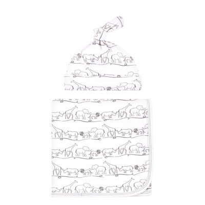 Touched by Nature Unisex Baby Organic Cotton Swaddle Blanket and Cap, Safari, 0-6 Months