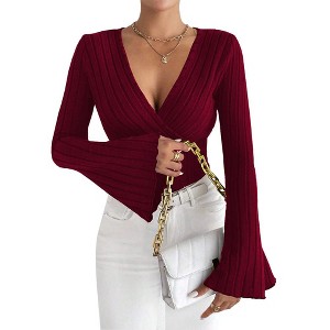 Coolmee Women's V Neck Bell Sleeve T Shirt Fall And Winter Slim Bottoming Shirt Tops - 1 of 4