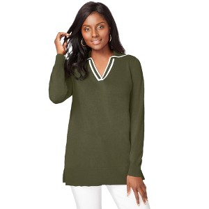 Jessica London Women's Plus Size Fine Gauge Contrast Tipped Collar Sweater - 1 of 4