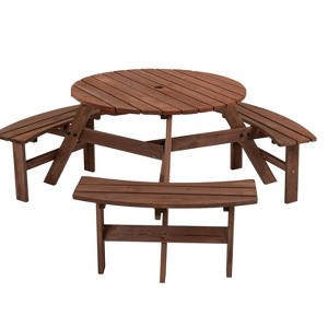Kelly 6-Person Wooden Circular Patio Picnic Table Set with 3 Built-in Benches, Outdoor Furniture - The Pop Home - 1 of 4