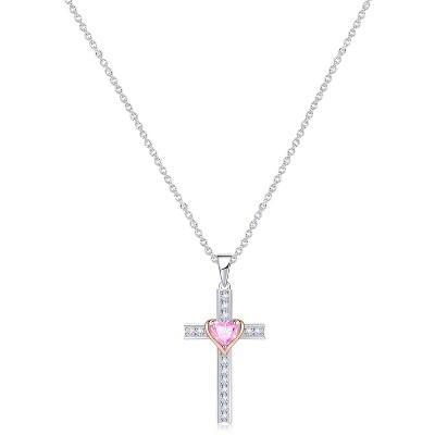 Molenia Birthstone Cross Necklace for Women, 925 Sterling Silver Heart Cross Pendant Necklace Fine Cross Jewelry Birthday Gifts for Her 18"+4" Inches