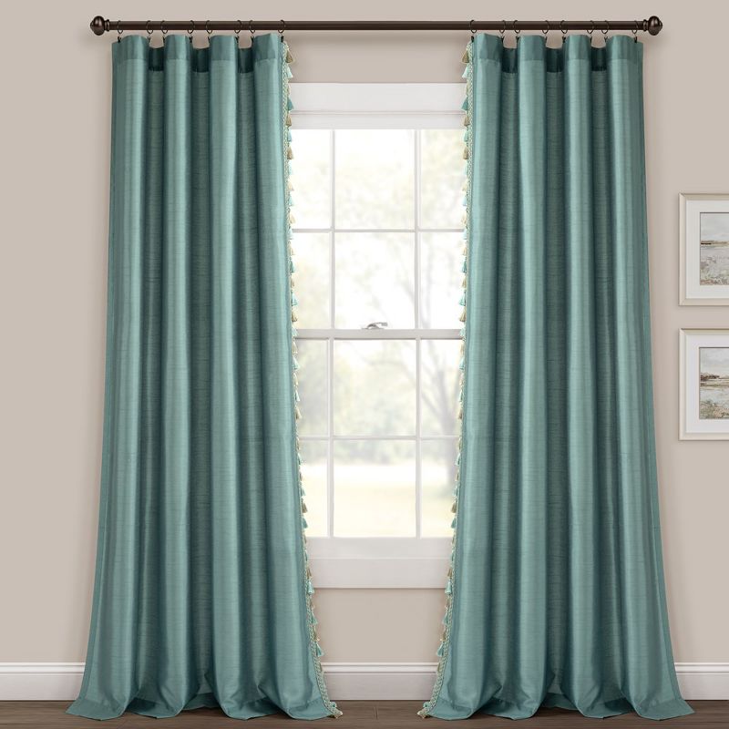 Luxury Regency Faux Silk Two Tone Tassel Window Curtain Panels Blue 52x84 Set, 3 of 6