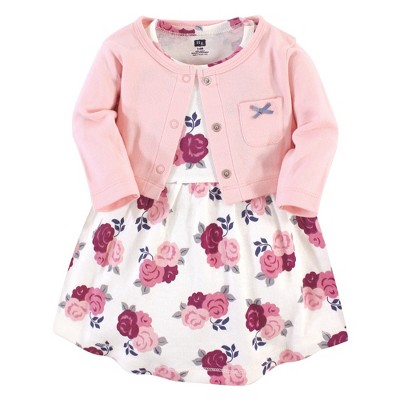 Image of Hudson Baby Infant and Toddler Girl Cotton Dress and Cardigan 2pc Set, Blush Floral, 3-6 Months