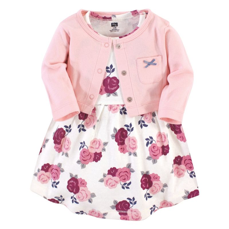 Hudson Baby Infant and Toddler Girl Cotton Dress and Cardigan 2pc Set, Blush Floral, 1 of 6