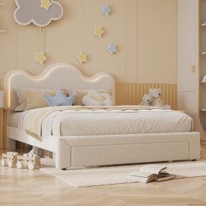 Bed Frame with Adjustable Upholstered Headboard Princess Boucle Bed Frame for Girls/Kids with LED Light Drawers Strong Wood Slat Support - 1 of 4