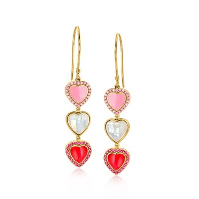 Ross-Simons Mother-Of-Pearl, .20 ct. t.w. Pink Sapphire and .20 ct. t.w. Ruby Heart Drop Earrings With Pink and Red Enamel in 18kt Gold Over Sterling
