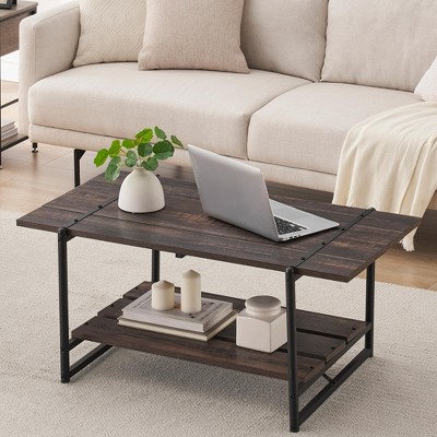 41" Farmhouse Coffee Table with Storage Shelf, 2 Tie Rectangle Center Table with Storage