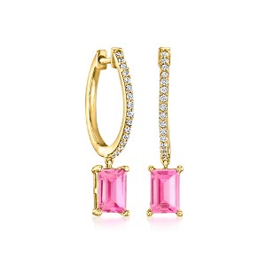 Pure Collection by Ross-Simons 1.30 ct. t.w. Lab-Grown Pink Sapphire and .15 ct. t.w. Lab-Grown Diamond Hoop Drop Earrings in 18kt Gold Vermeil - 1 of 4