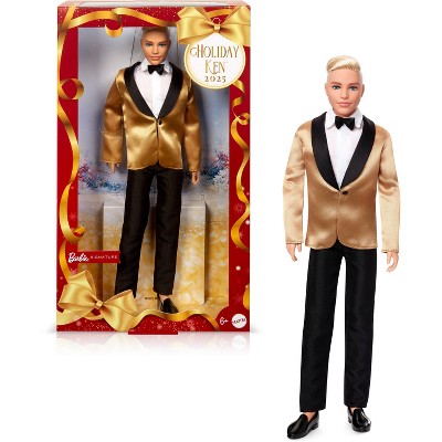 Barbie Signature 2025 Holiday Blonde Ken Collectible Fashion Doll wearing Full Suit with Golden Jacket