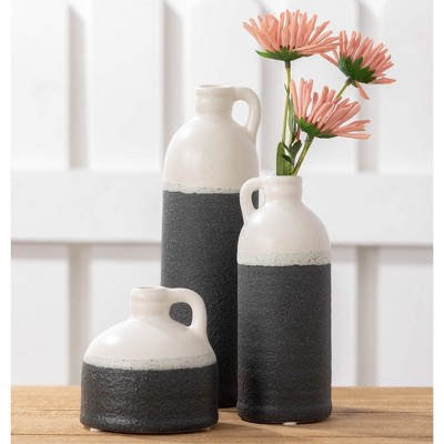 Set of 3 White and Black Textured Ceramic Jug Vases