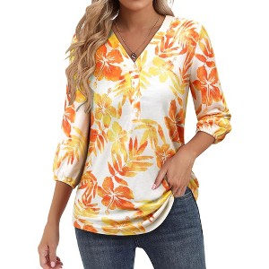 Nlife Women's Casual V Neck Floral Print 3/4 Length Sleeve Blouses Tropical Hawaiian Shirt Tops - 1 of 4
