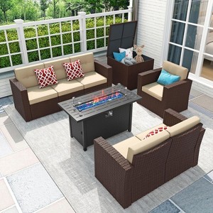 SUGOLD 5-Piece Patio Furniture Set with Fire Pit Table, Wicker Rattan Sectional Sofa Set with Storage Box - 1 of 2